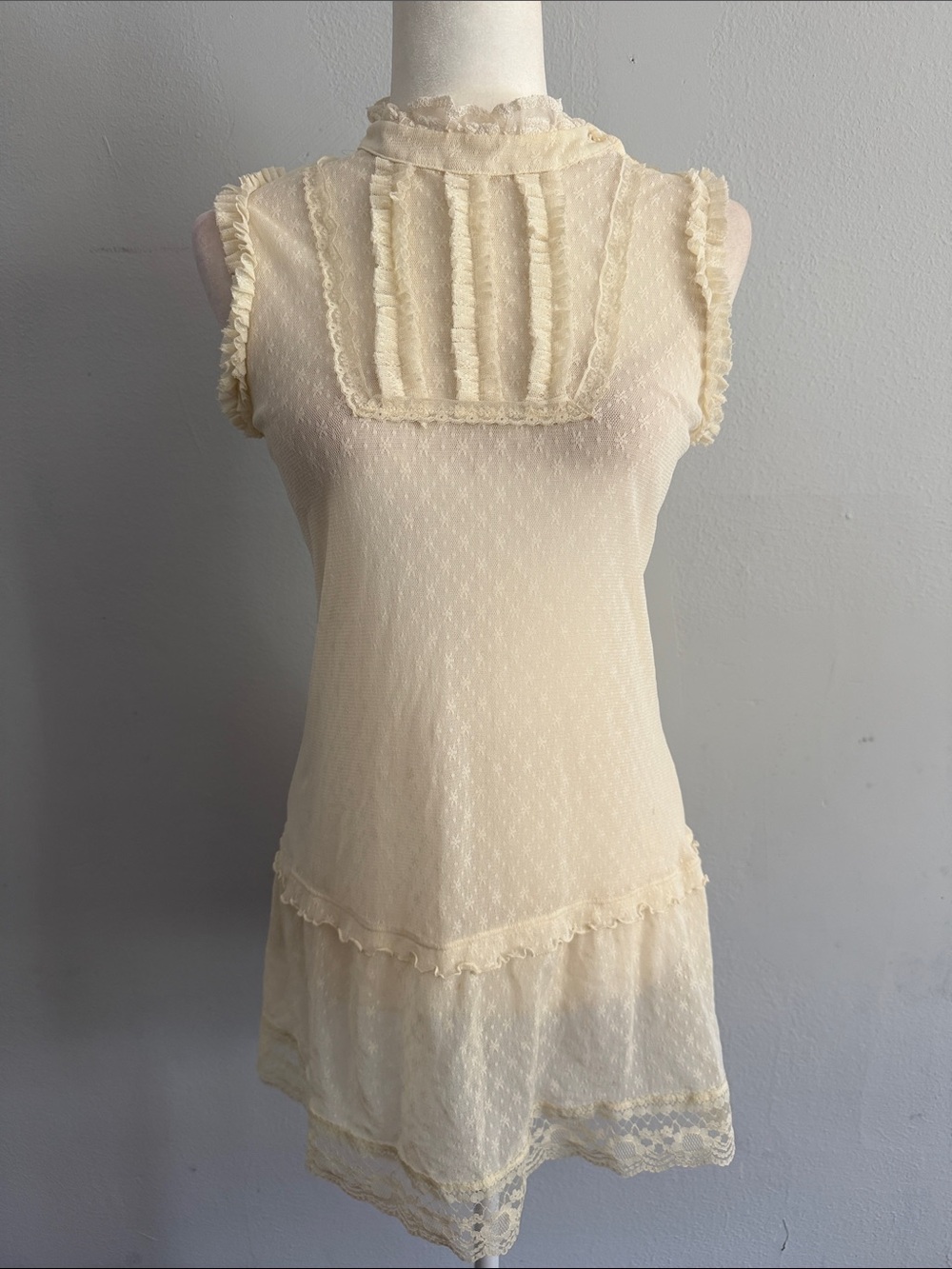 Free People Cream Sheer Lace Ruffle Mini Dress - Size S